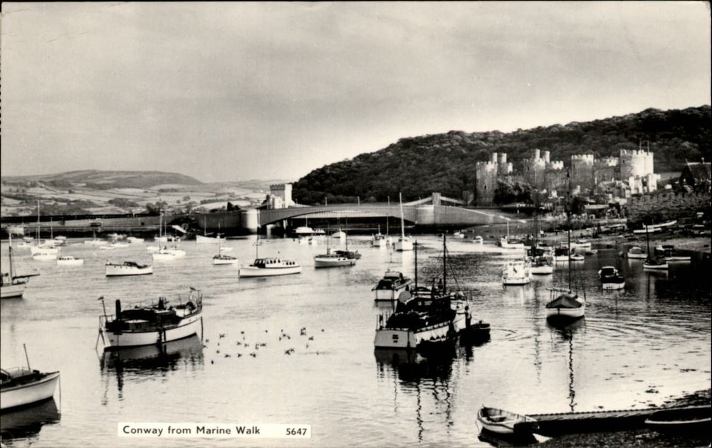 Conway Conwy from Marine Walk Wales England boats harbor ~ vintage postcard