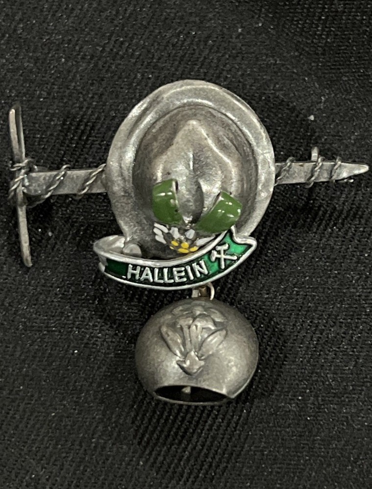 Vintage Austrian HALLEIN Edelweiss Alpine Hat Brooch w/ Cowbell Charm Enamel
