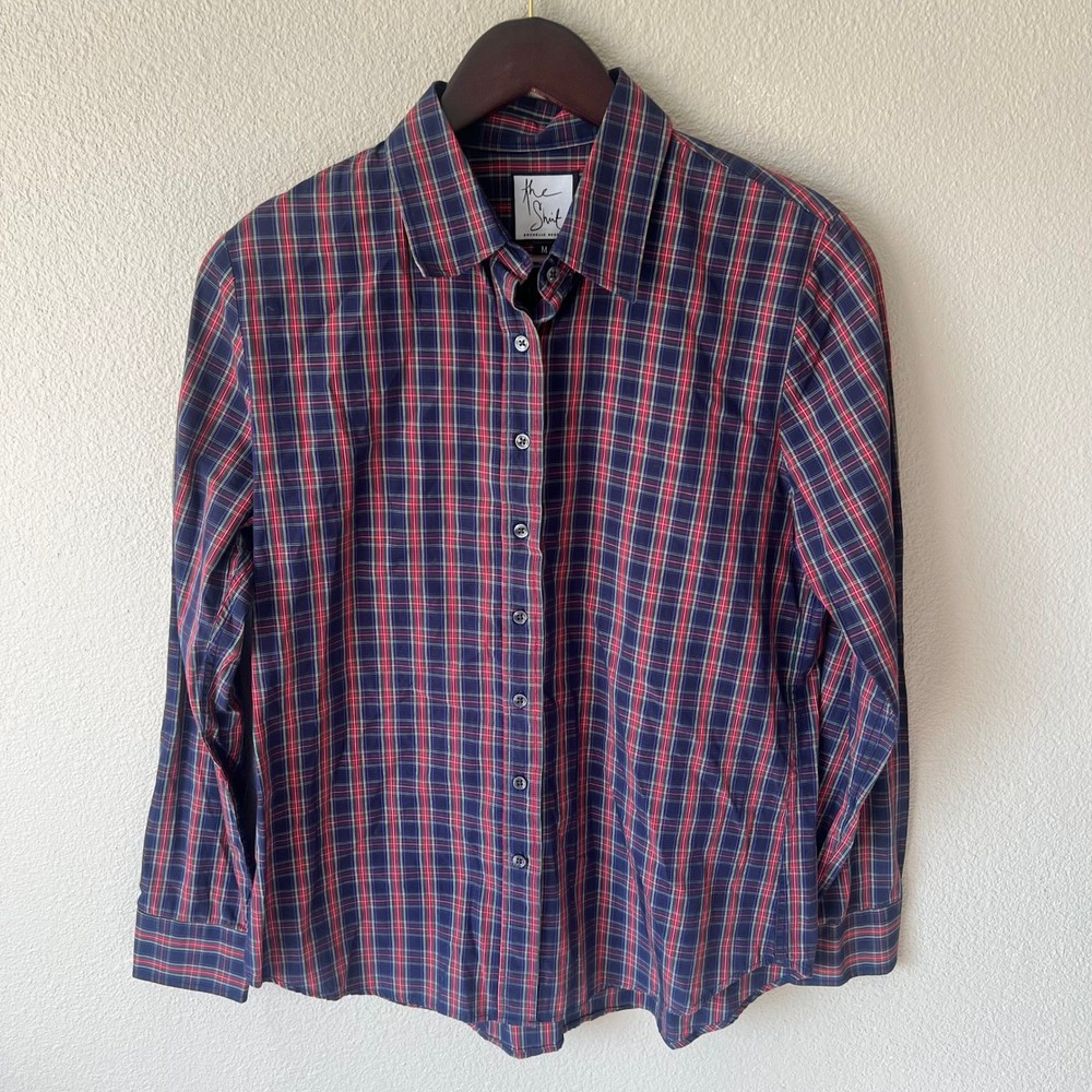 The Shirt Rochelle Behrens Womens Medium Navy Red Plaid Cotton Button Down Shirt