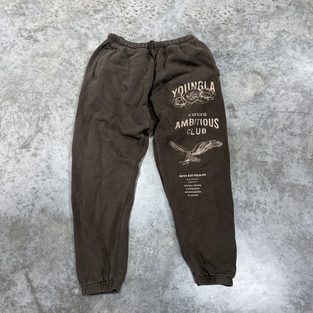 YoungLA Joggers Pants Mens Large Brown Fleece Graphic Sweatpants Cuffed