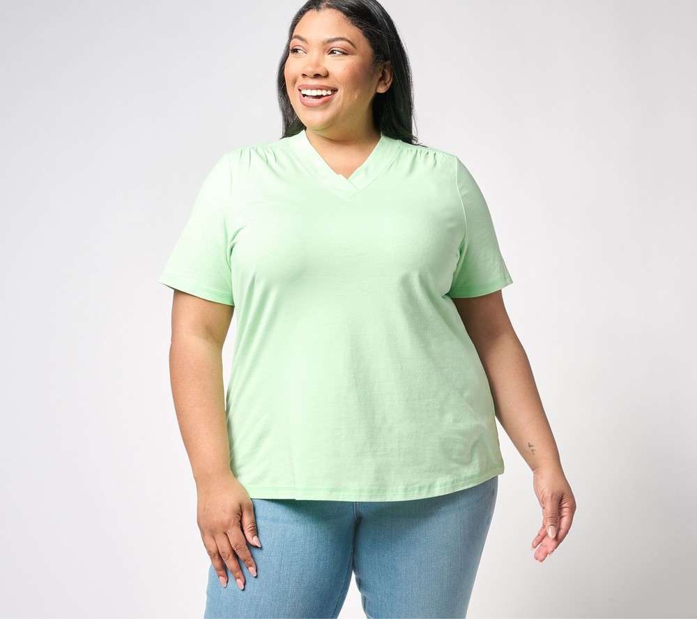 Denim & Co. Women's Top Sz L Active Jersey V-Neck Shirred Short Green A643231