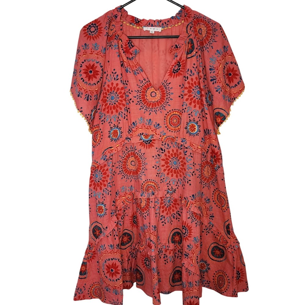 THML Women's Pink Floral Print Short Sleeve Tiered Mini Dress Size L