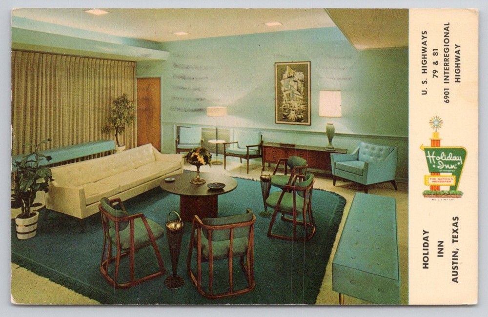 Vintage 1965 Holiday Inn Austin Texas Mid-Century Modern Lobby Postcard