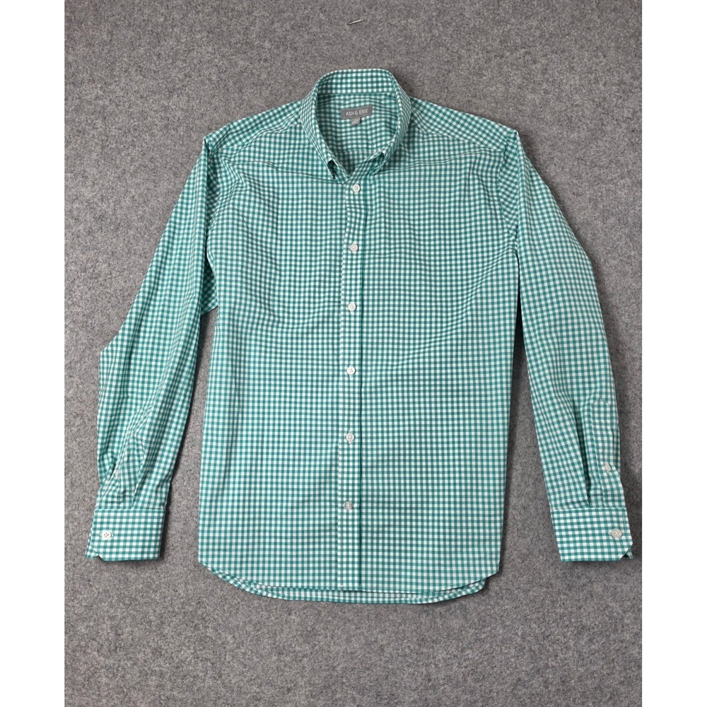 Ash & Erie Button Down Slim Gingham Check Dress Shirt Men Large Green White Work