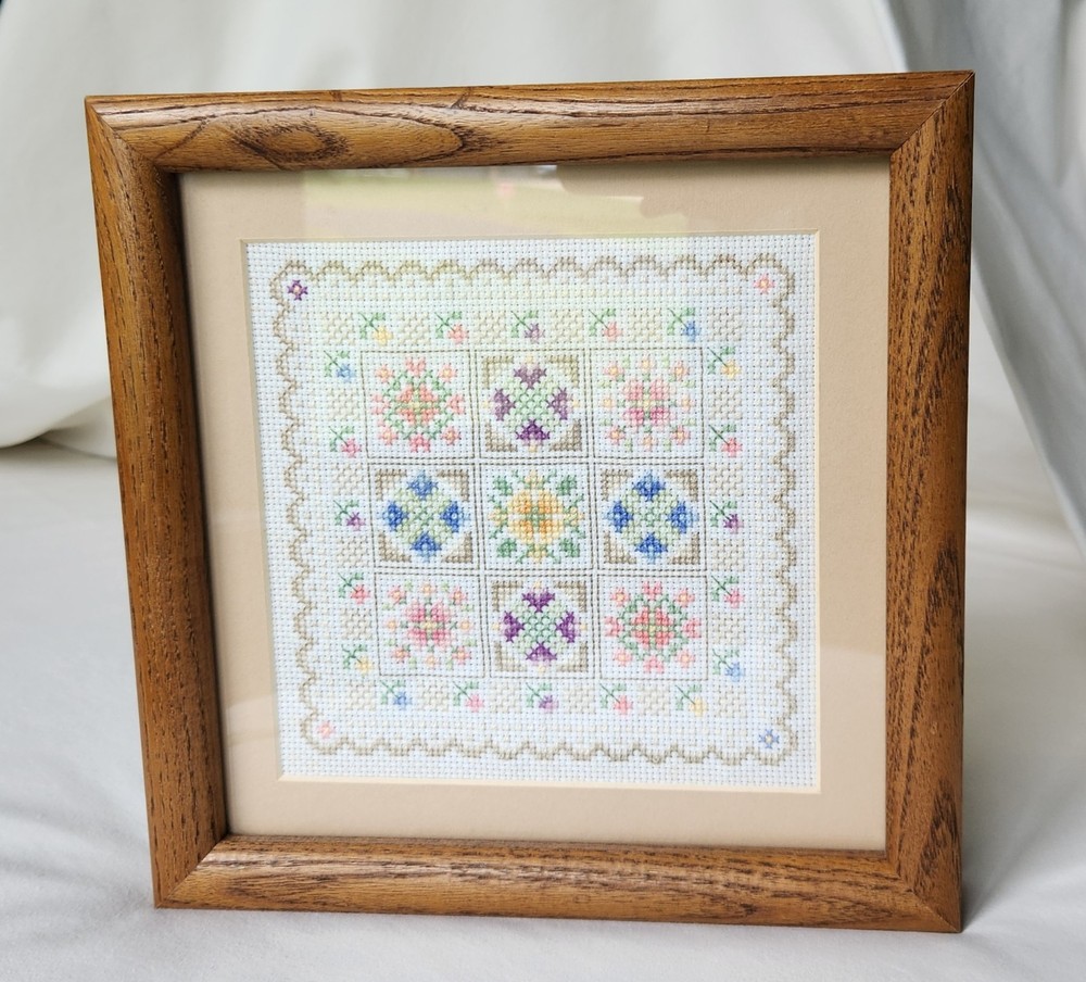 Framed Cross Stitch Quilt Blocks Handmade Wall Hanging Cottagecore Grannycore