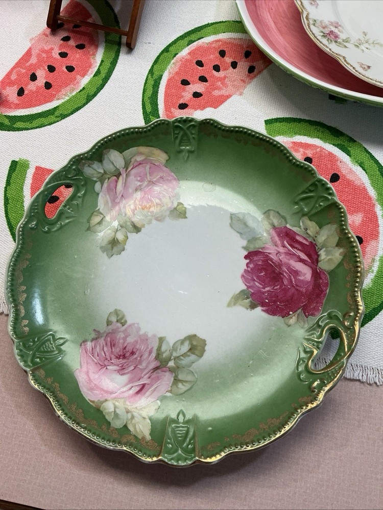 Green Border Pink Rose Floral Porcelain Plate, Gold Trim, Round Glossy