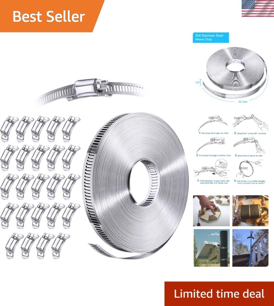 50FT Cut-To-Fit 304 Stainless Steel Hose Clamp Kit with 24 Durable Fasteners