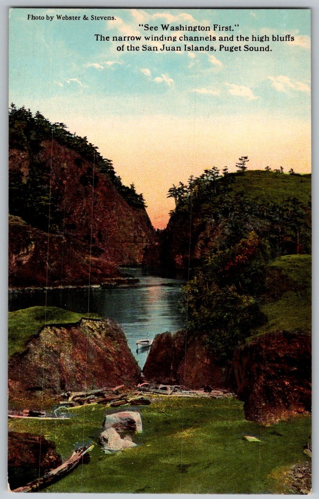 Vtg Postcard Narrow Winding Channel San Juan Islands, WA 1930s