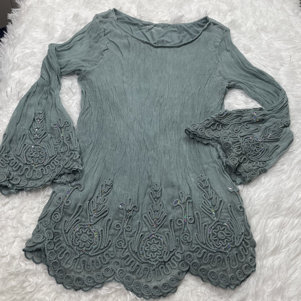 Soft Surroundings Womens Size L Large Silk Blouse Teal Sequin Flare Sleeve