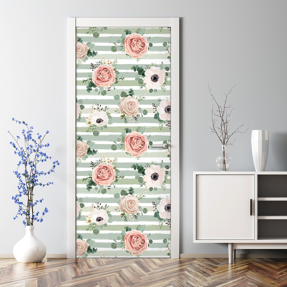 Striped Roses Bubble-Free Self-Adhesive Door Sticker with Leaves Decor