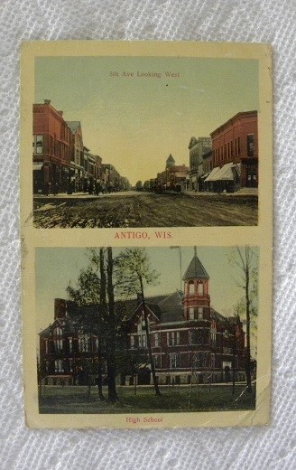 1910 High School & 5th Ave, Antigo Wisconsin WI postcard pc