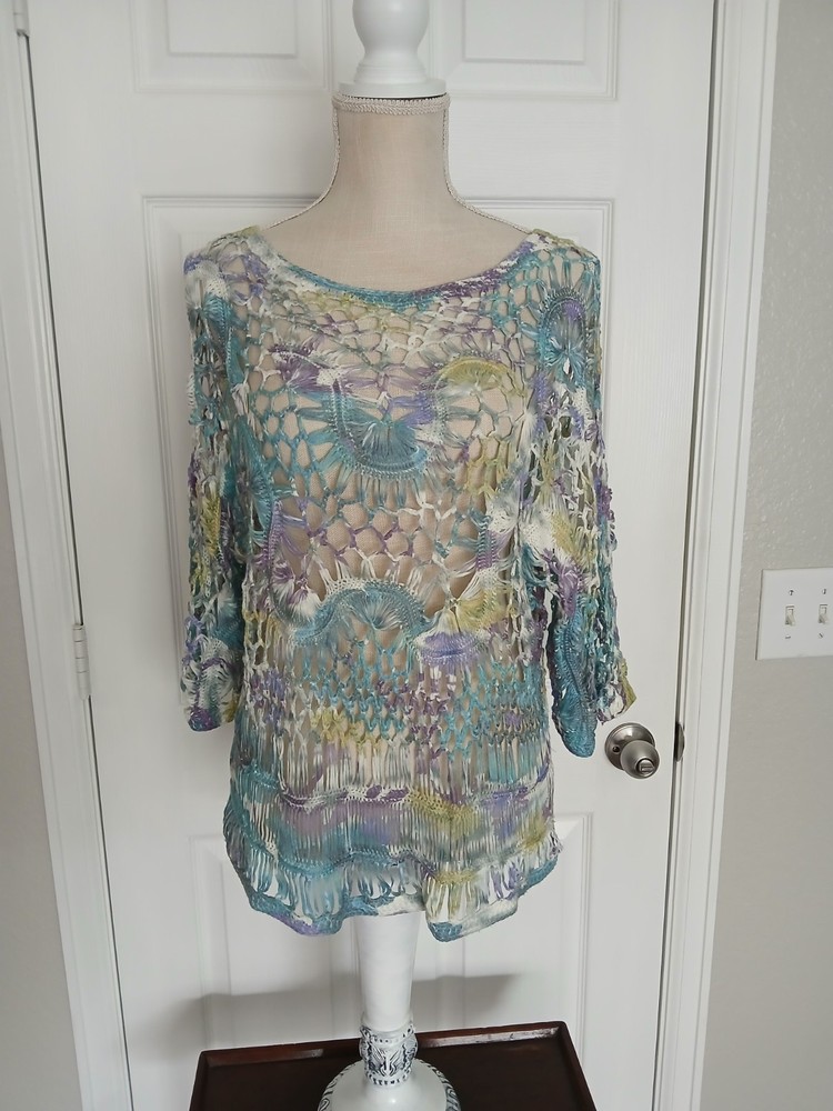 Multicolor Crochet Top Coverup XL Boho Hippie Beach Artsy Festival Cottage