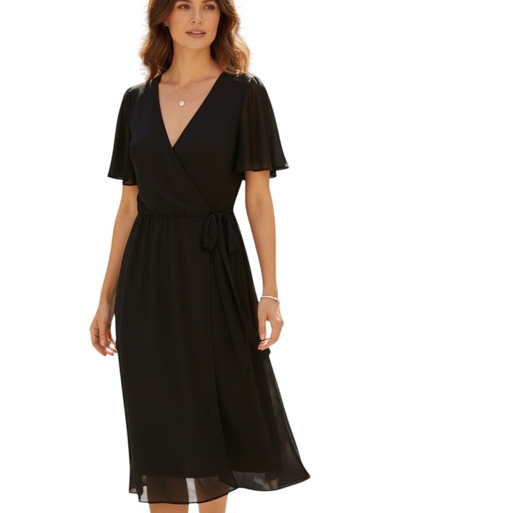 Lauren Ralph Lauren Black Faux Wrap Midi Dress V‑Neck Short Sleeve Lined Size 16