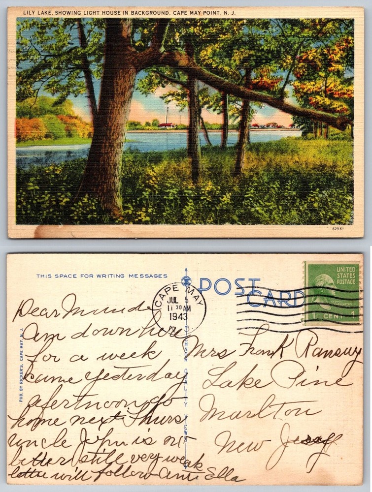 Lily Lake Lighthouse Cape May Point NJ 1943 Linen Postcard Posted