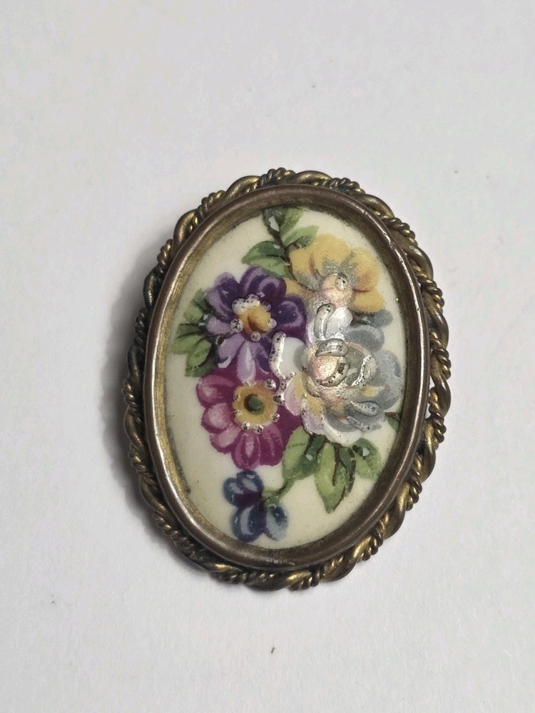 Vintage Limoges France Hand Painted Floral Flowers Porcelain Brooch Pin