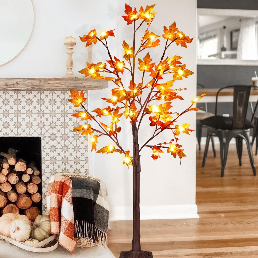 LED Lighted Maple Tree, 4 FT Lighted Artificial Tree for Thanksgiving Harvest...