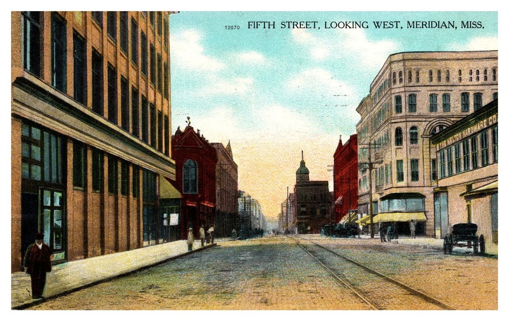 Fifth St Looking West Downtown Old Cars Meridian MS C1909 Postcard AG6