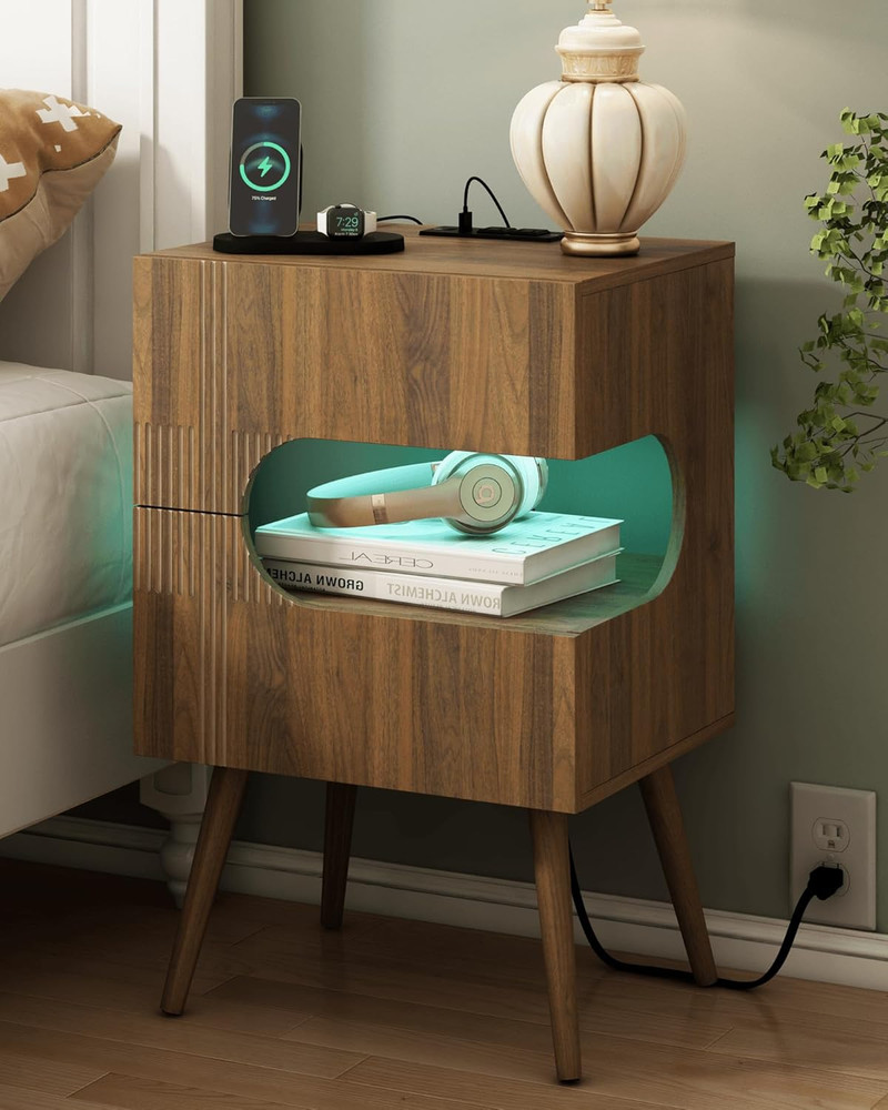 Nightstand with Charging Station and LED Lights,Modern Bedside Table with 2 Stor