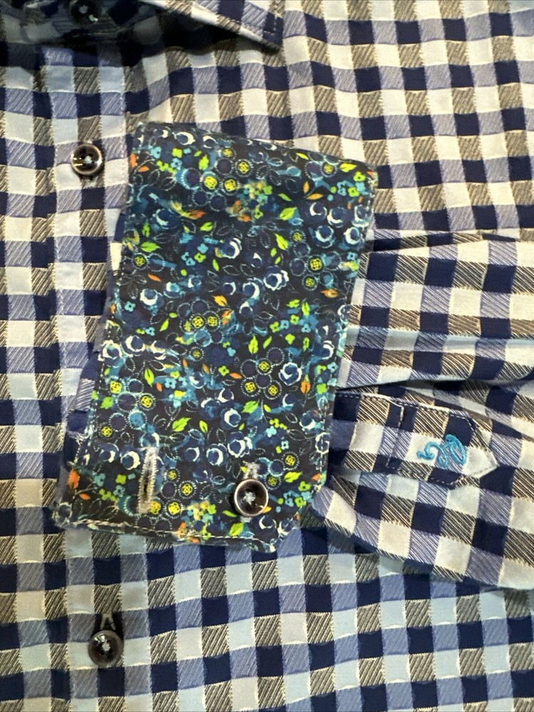 Robert Graham Dress Shirt Mens XL Classic Blue Geo Print Flip Cuff  Long Sleeve