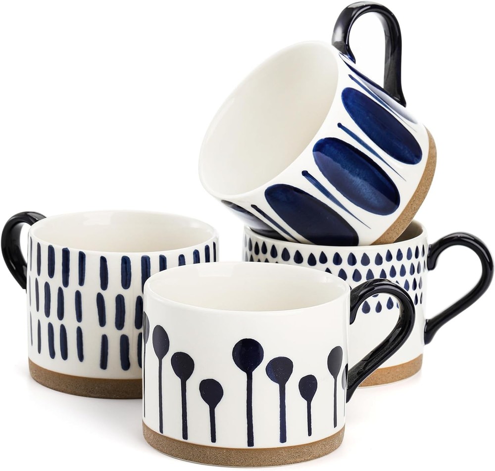 Set of 4 Large Ceramic Coffee Mugs, 15 Oz Hand Painted Coffee Cups with