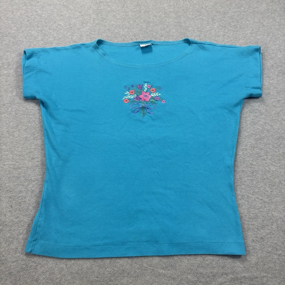 Vtg Crazy Shirts Hawaii Floral Embroidered Tee Women’s L Turquoise Single Stitch