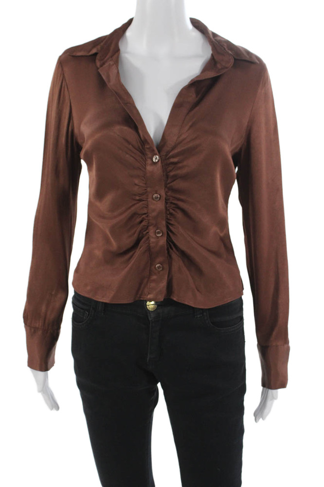 Zara Womens Basic Brown Viscose Collared Long Sleeve Button Blouse Size SFree Shipping in US $100+ Orders | $6.95 Orders Below