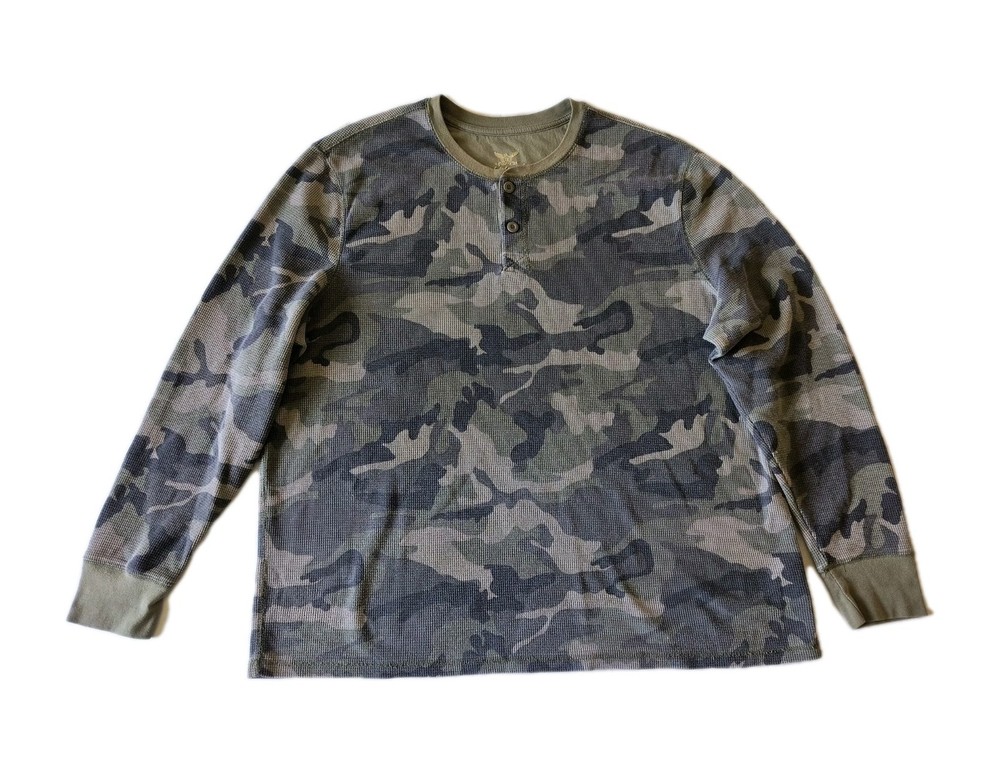 Faded Glory Men's 2XL Camo Waffle Knit Long Sleeve Henley Shirt Casual