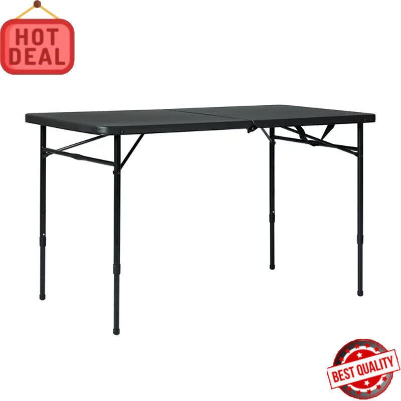 4 Ft Fold-In-Half Adjustable Folding Table Sturdy Compact Durable Indoor Outdoor Use