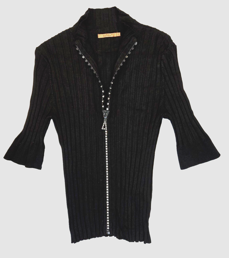 Belldini Women's Rhinestone Zippered Ribbed Knit Cardigan Sweater Size Medium
