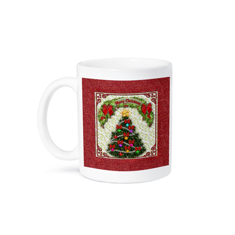 3dRose Merry Christmas Tree Mug with Red Bows and Festive Banner