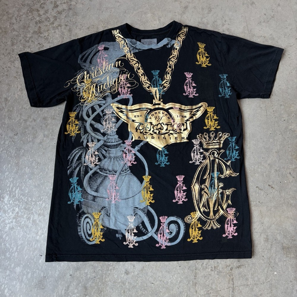 Vintage Y2K Christian Audigier All You Need Is Love T Shirt AOP Skull LA Size XL