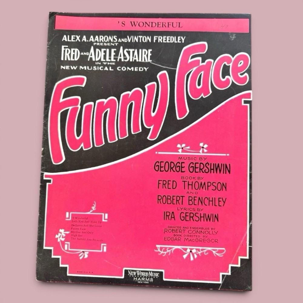 S Wonderful Funny Face Sheet Music Fred Adele Astaire 1927 Broadway Gershwin