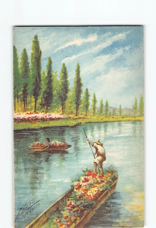 Postcard Xochimilco Mexico Vintage 1939 Flower Canal Trajinera Art Mexico City