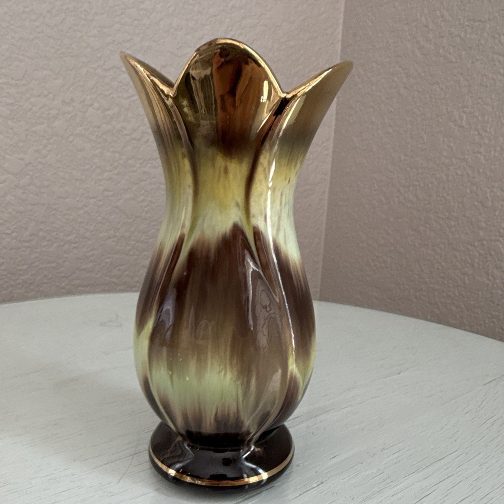 McCoy Ceramic Vase Brown Green Gold Drip Glaze Tulip Rim Glossy Decorative READ