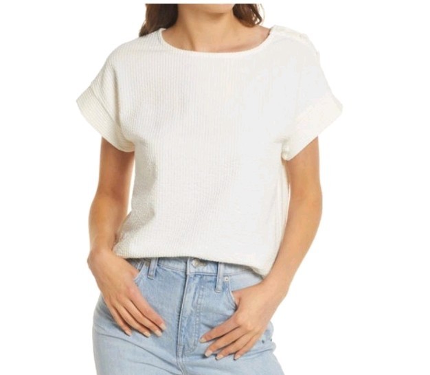 Madewell Seersucker Button Shoulder Top In Lighthouse Casual Women's Size S