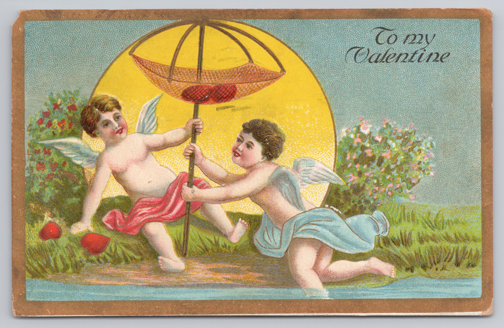 Postcard Embossed Valentine 1913 Two Cherubs Playing With Hearts
