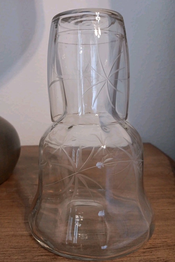 Vintage 6 1/2” Beautifully Etched Bell Shaped Glass Bedside Tumble Up Water Set