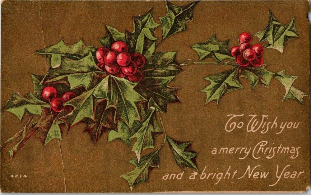 Vintage Embossed Christmas Postcard Holly Berries & New Year Greeting