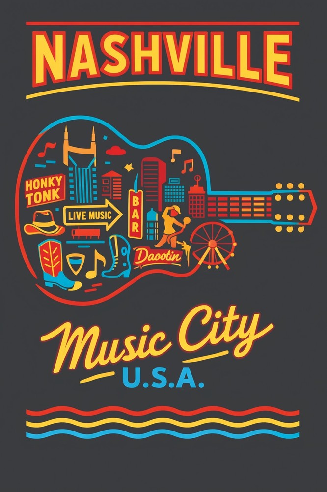 Nashville Tennessee Music City USA Retro Travel Poster Print Wall Art