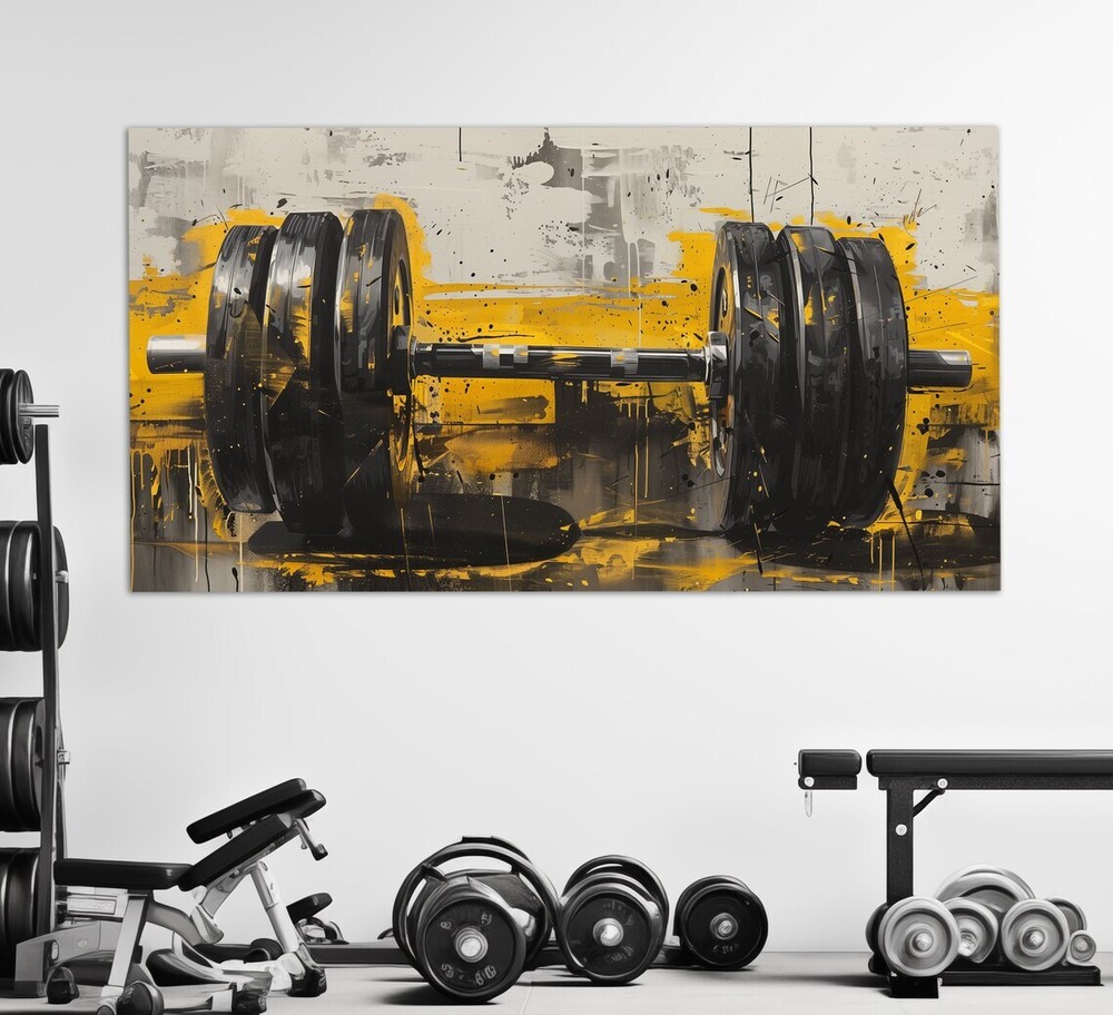 Barbell Gym Black Yellow Fitness Paint Unframed Canvas Print Australian Wall Art