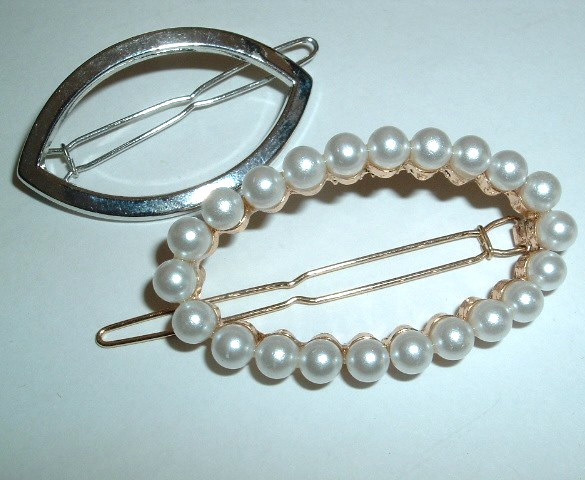 2 Vintage Silver and White Pearl Post Clip Hair Barrettes