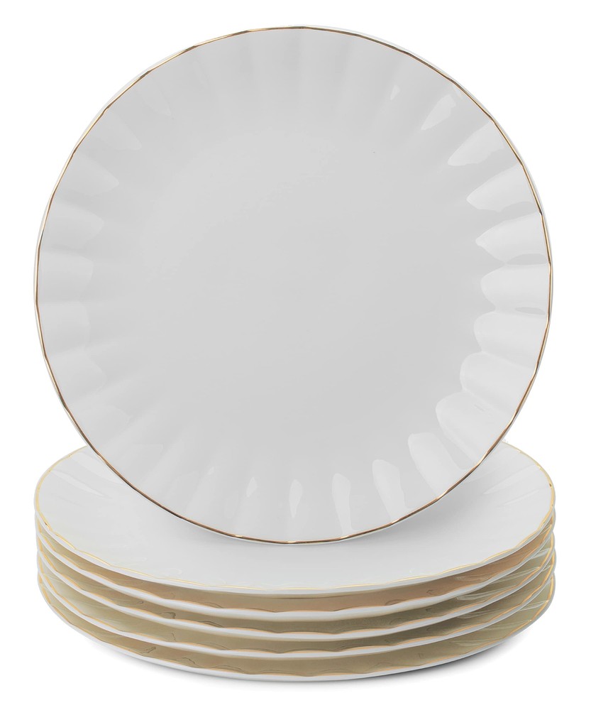 Elegant 10.5 Inch White Porcelain Dinner Plates with Gold Trim - Set of 6