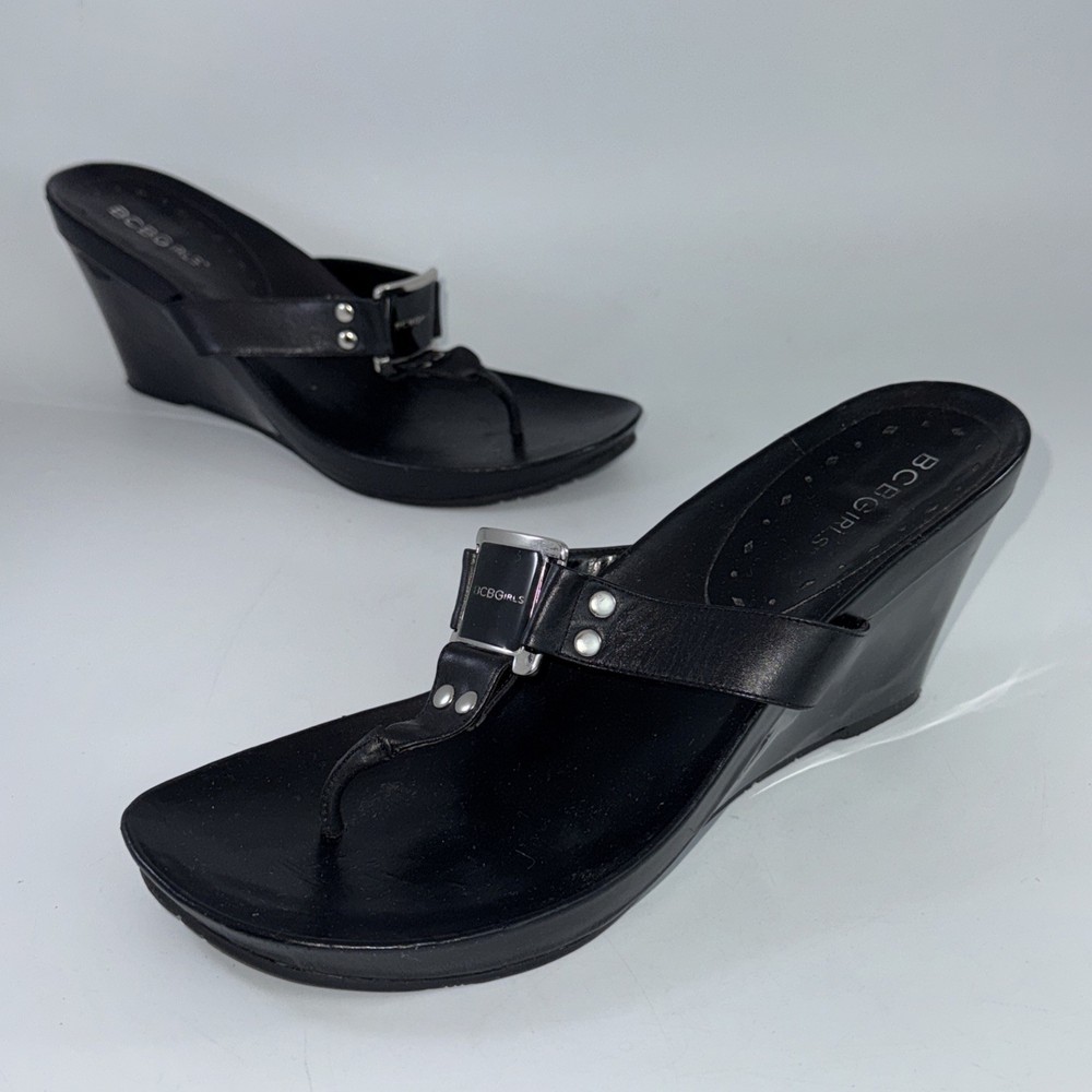 BCBGeneration Black Leather Wedges Sandals BCBG Women’s Size 9B
