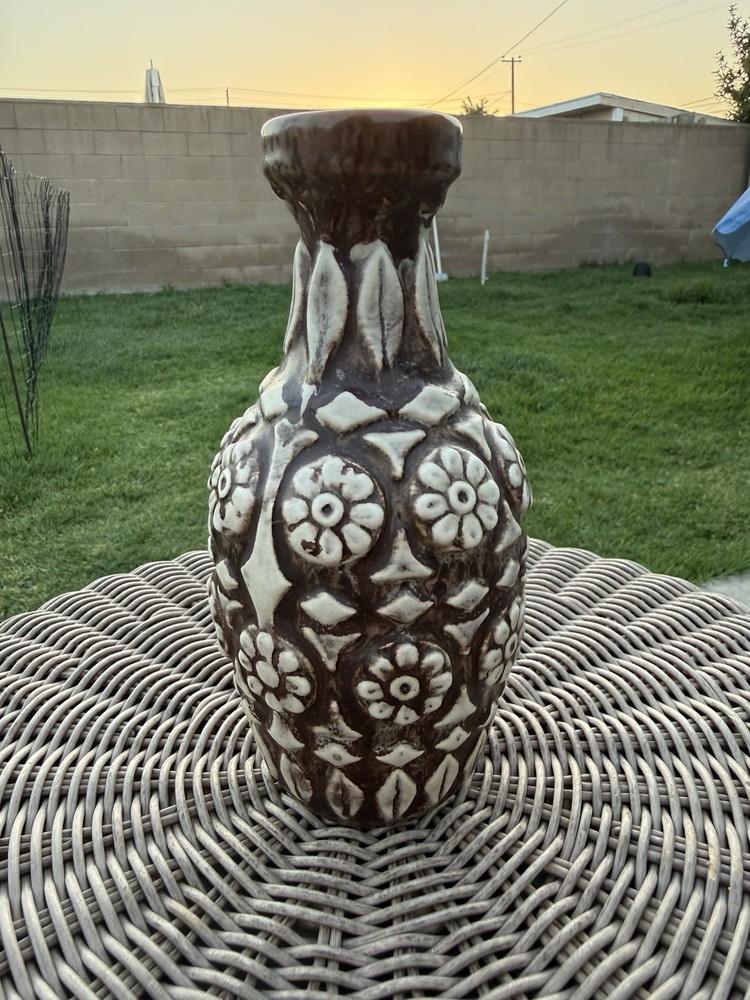 Vintage West Germany Pottery Vase – Fat Lava Relief Floral Ceramic 1220/12