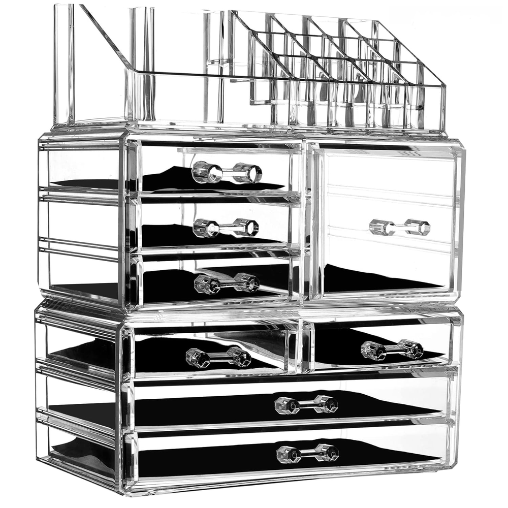 3 Pack Clear Make up Organizer Countertop, Stackable 8 Drawers Makeup Storage,Cu