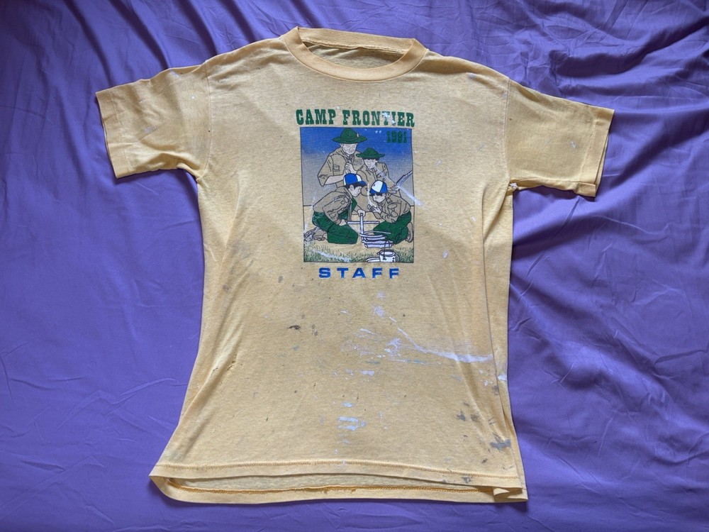 Vintage 1991 Camp Frontier Staff Shirt Mens Small Yellow Distressed Paper Thin
