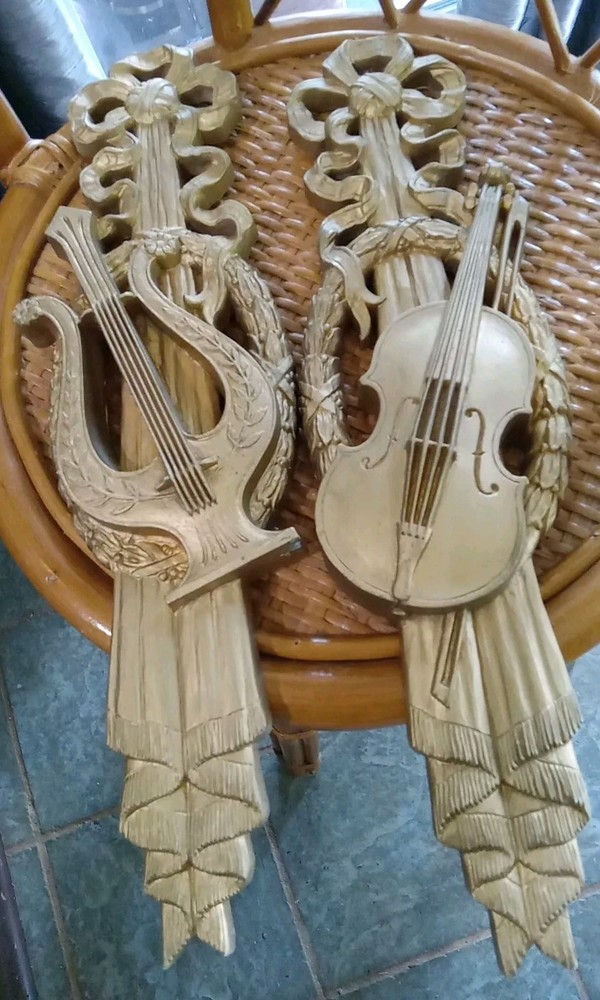 Vintage Homco BURWOOD Musical Wall Art Violin Harp Gold 0490-1 0490