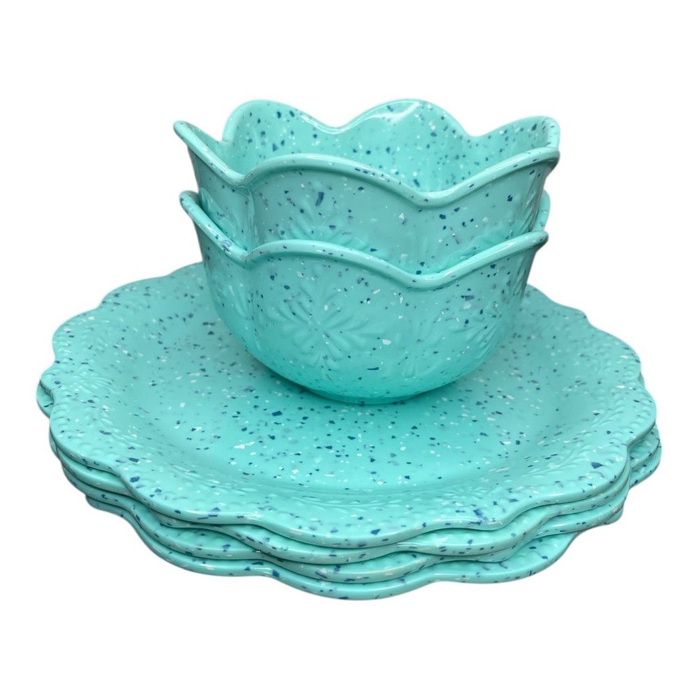 Pioneer Woman Melamine Blue Speckled Spatter 10.5” 4-Plates & 2 Bowls