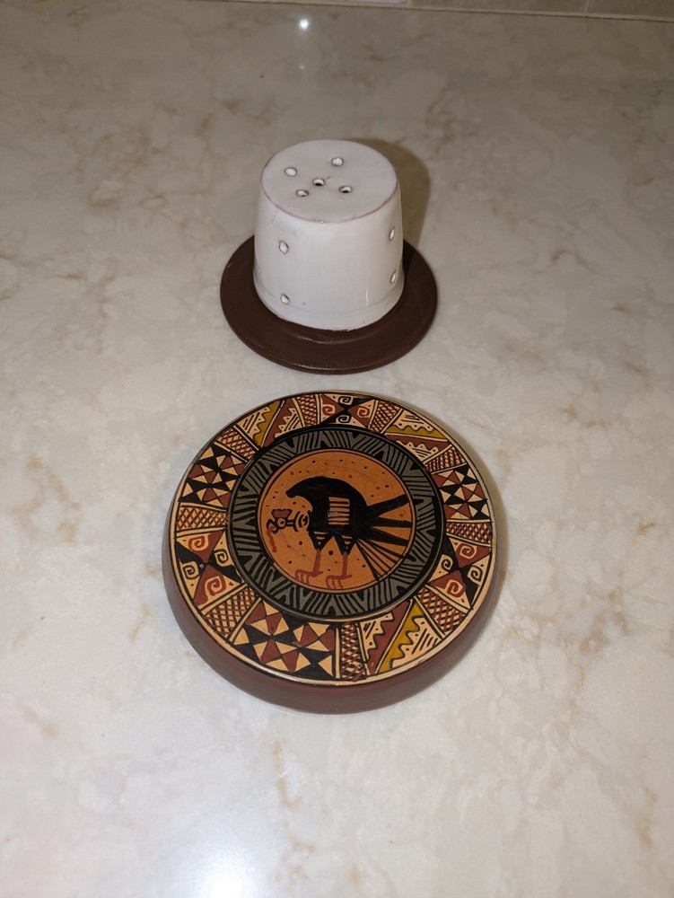 Vintage Ceramic Cheese Mold Strainer w/ Bottom Plate (Rooster Design)