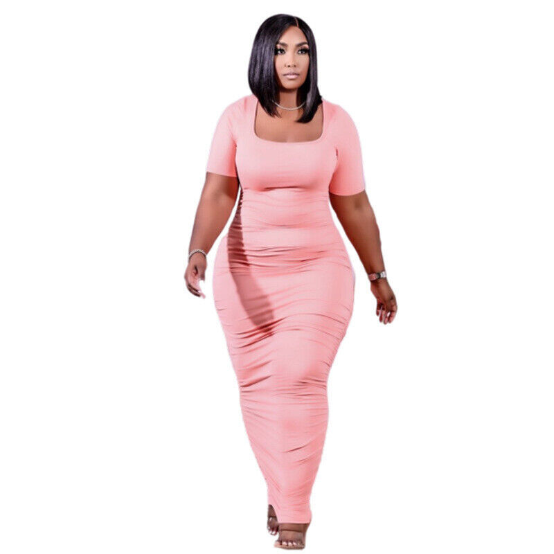 Plus Size Casual Women Solid Square Neck Short Sleeve Wrinkle Bodycon Dress